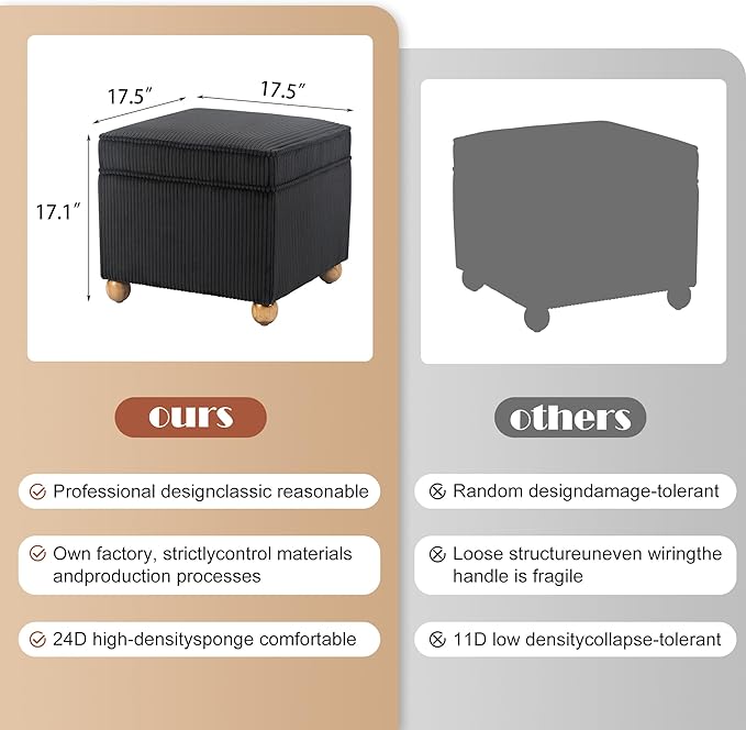 Adeco 17 Inch High Striped Flannel Black Cube Ottoman Storage, 3D Embossed - Image 2
