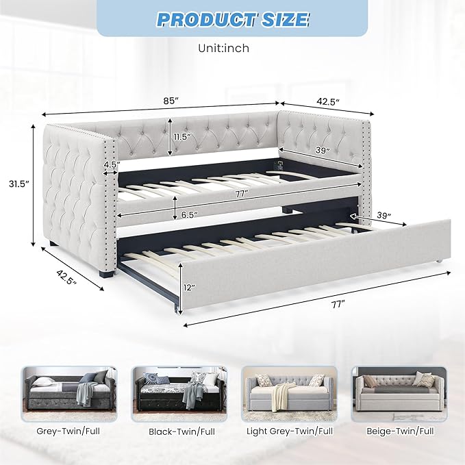 Antetek Daybed with Trundle, Upgraded Linen Upholstered Twin Size Day Bed - Image 2