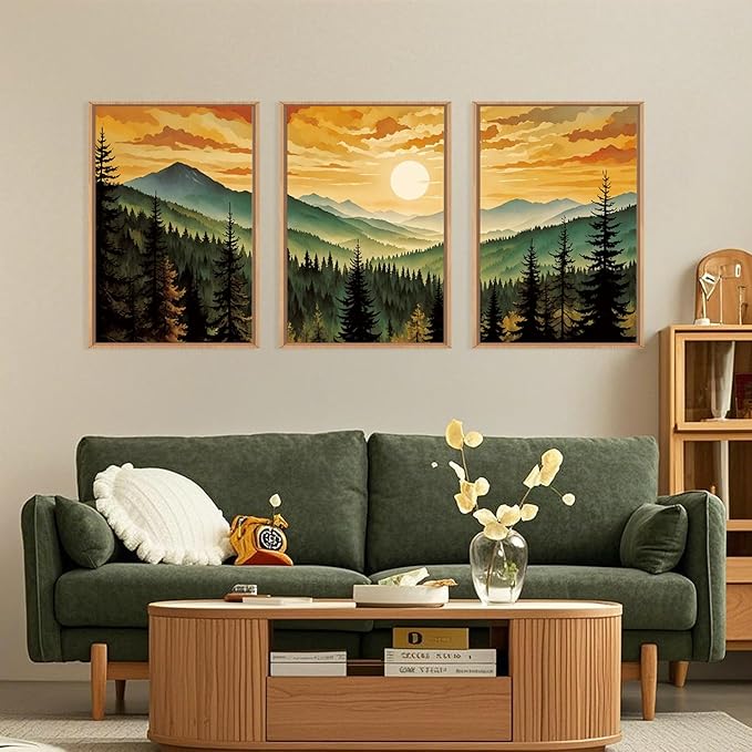 LHIUEM Large Boho Sunset Mountain Framed Canvas Wall Art, Retro Pine Tree Wall - Image 2