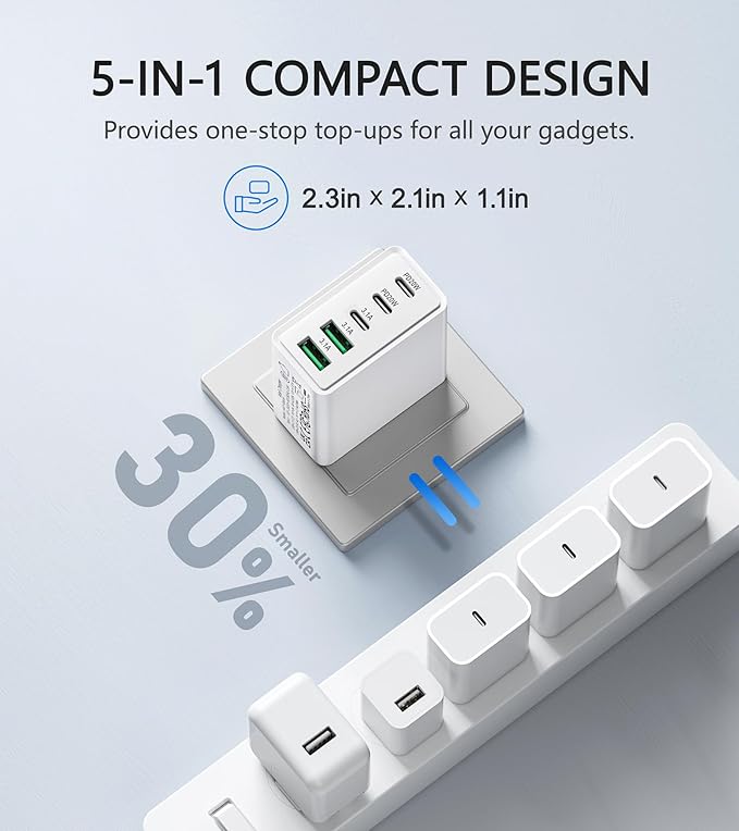 2Pack USB C Fast Charger Block, 60W 5-Port USB Wall Charger Brick, 2 USB A & 3 - Image 6