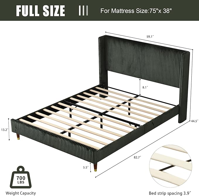 PINJU Full Size Bed Frame, Upholstered Platform Bed - Image 2