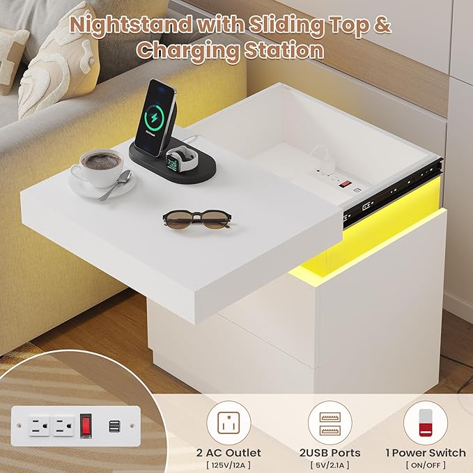 ADORNEVE White Nightstand with Charging Station and LED Lights, Night Stand - Image 3