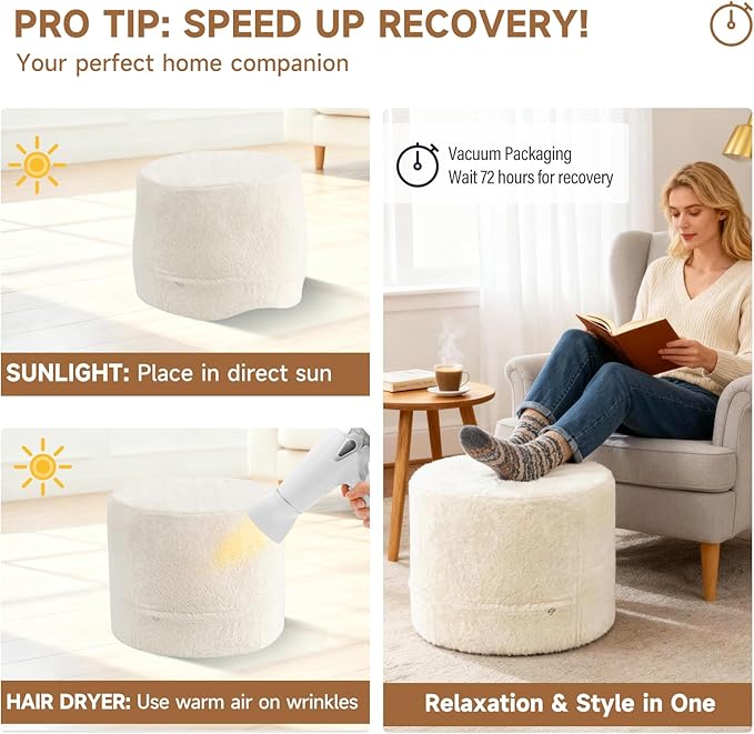 Tiita Round Stuffed Pouf Ottoman, Plush Poufs - Image 9