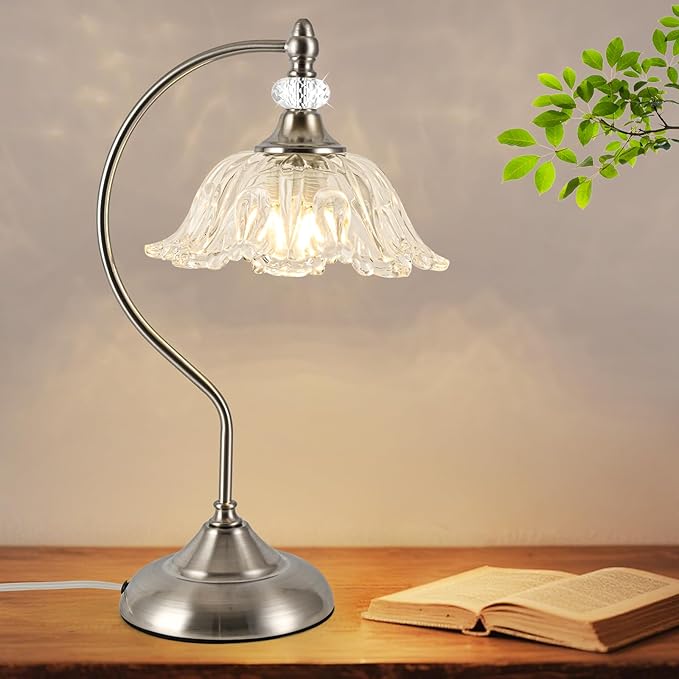 Brushed Nickel Table Lamp with a Floral Clear Glass Shade, A Plug-in Nightstand by Unknown