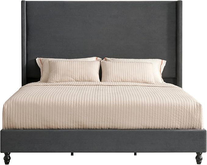 King Bed Frame with 65" Tall Headboard, Horizontal Fine Corduroy Bed Frame with - Image 9