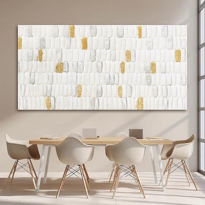 YETHEN WAL White and Gold Textured Wall Art 29x58, Hand-Painted Neutral - Image 5