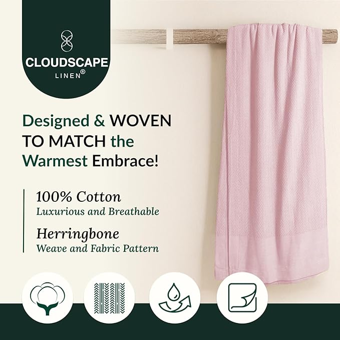 Cloud Scape Linen 100% Cotton Blanket 92x92 Seashell Pink - Image 2