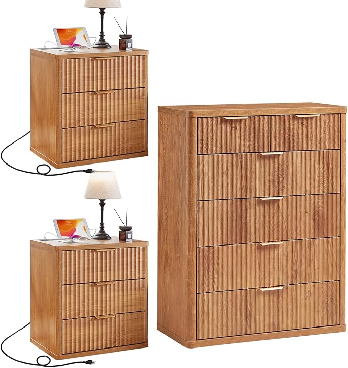 LEYAOYAO 42" Tall Fluted Dresser and 3 Drawers 23" Nightstand Set of 2 by LEYAOYAO-Findtheshiningpointofyourideallife%EF%BC%81