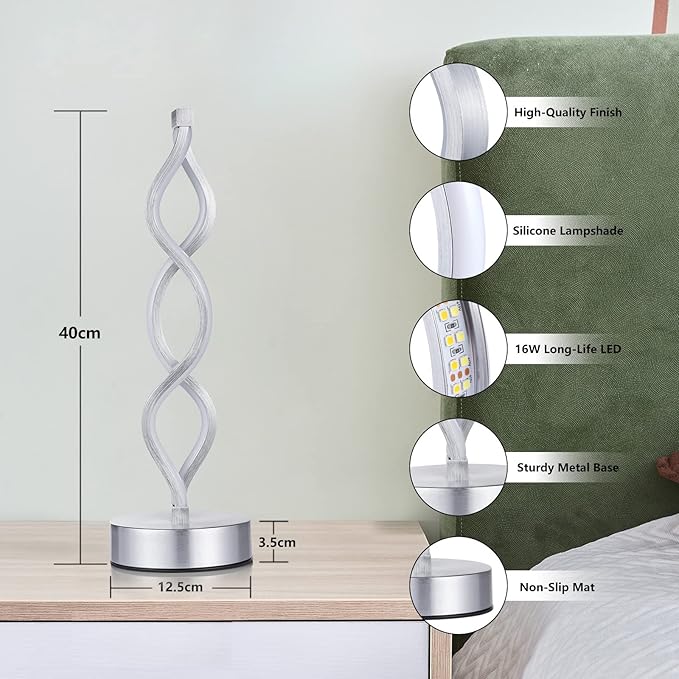 NUÜR Infinity Spiral LED Table Lamp Silver, Dimmable Metallic Bedside Lamp - Image 7