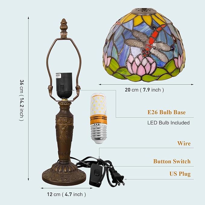 Tiffany Lamp Stained Glass Table Lamp 7.9X7.9X14.2 Inches Dragonfly and Lotus - Image 5
