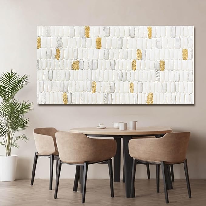 YETHEN WAL White and Gold Textured Abstract Wall Art, Minimalist Neutral Canvas - Image 3