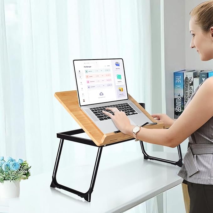 wishacc Book Stand for Reading in Bed, Bamboo Laptop Stand Adjustable Book - Image 3