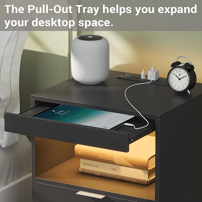 Tiptiper Black Nightstand with Wireless Charging Station and LED Lights - Image 6