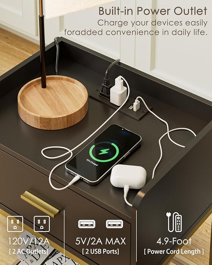 Masupu Nightstand with Charging Station, 3-Tier Modern Bedside Night Stand with - Image 4