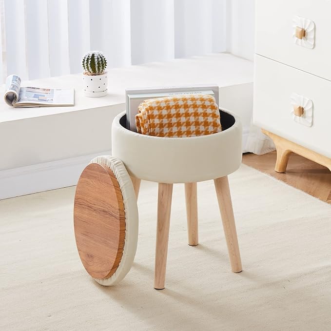 Mxfurhawa Storage Ottoman Linen Round Vanity Stool Tray Top Modern Foot Stool - Image 10