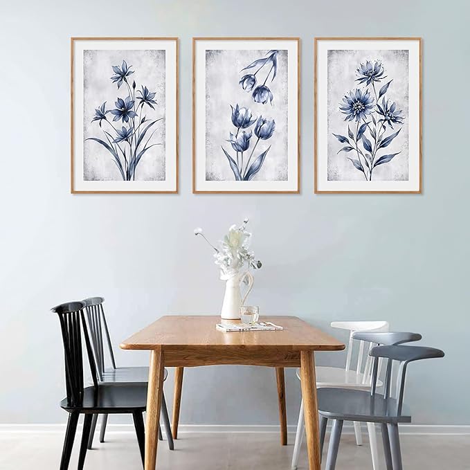 LHIUEM Navy Blue and Grey Flower Framed Canvas Wall Art Set, Modern Botanical - Image 4