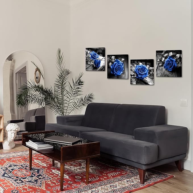 VANSEEING 4 Pieces Blue and Black Rose Flower Canvas Wall Art Floral Pictures - Image 4
