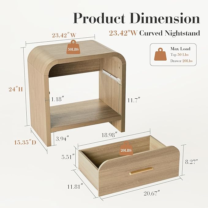 Night Stand 1-Drawer and 1 Storage Shelf Nightstand 24" H Metal Handle Modern - Image 2