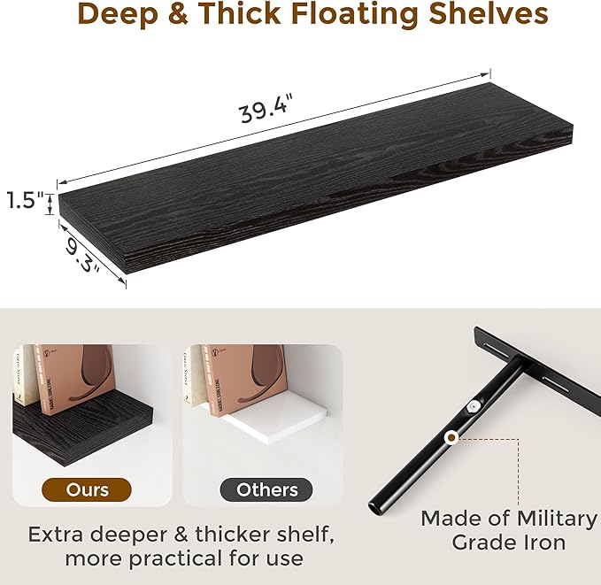 40 Inch Floating Shelves for Wall, 9.3 Inch Deep Shelves for Books & Decor - Image 3
