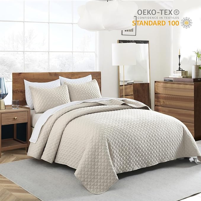 HORIMOTE HOME Quilt Set King Size Beige Bedspread, Modern Style Quilted Clouds - Image 2