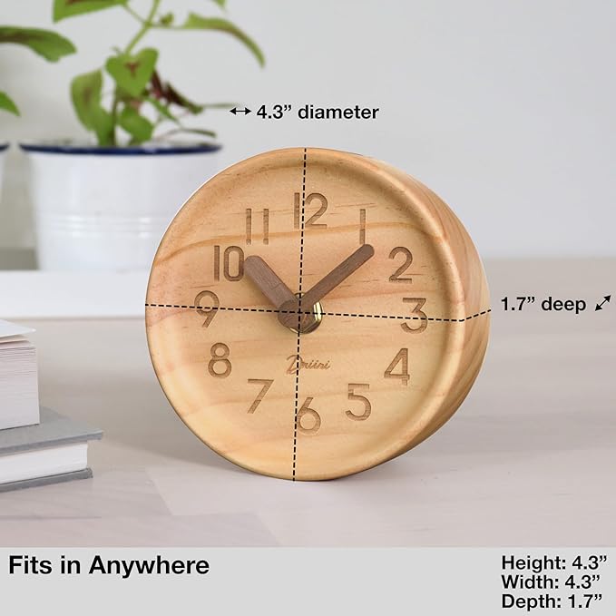Driini Wooden Analog Desktop Clock – 4.3 in. Decorative Pinewood, No-Tick - Image 3