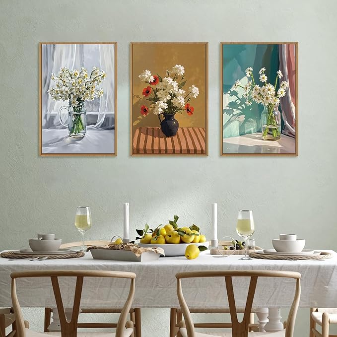 LHIUEM Large Vintage Botanical Floral Framed Canvas Wall Art Set, Boho White - Image 3