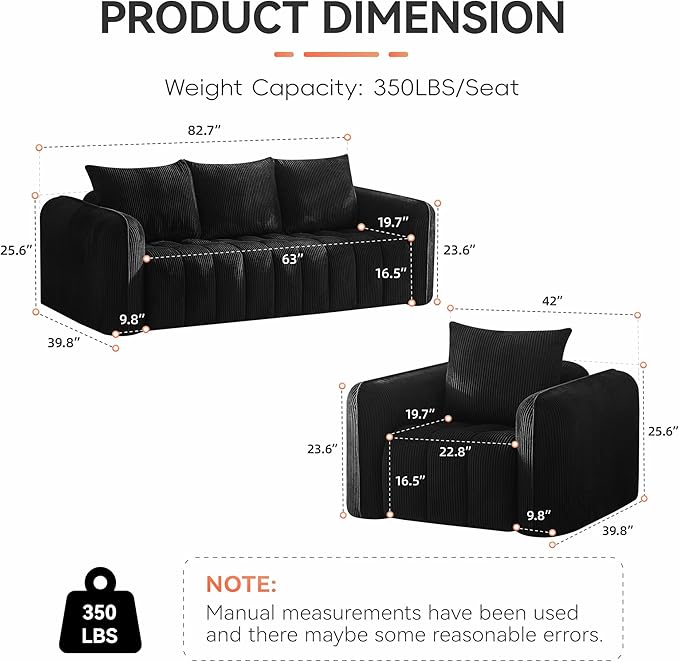 Corduroy Boneless Living Room Sets, Modern Upholstered 3 Seater Sofa - Image 2