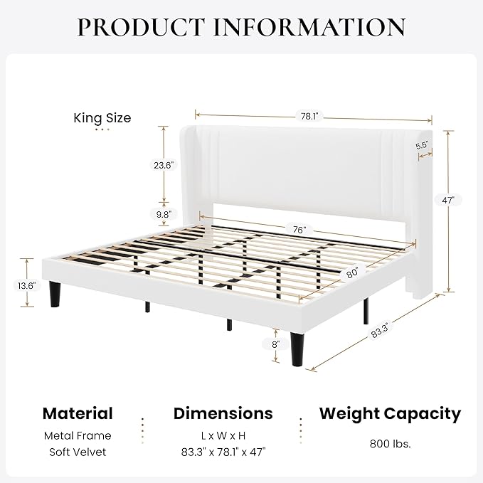 SHA CERLIN King Size Velvet Upholstered Platform Bed Frame - Image 2