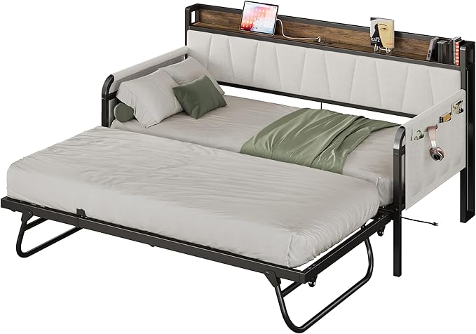 LIKIMIO Daybed with Trundle Bed, Twin Bed Frame with Storage Headboard and by LIKIMIO