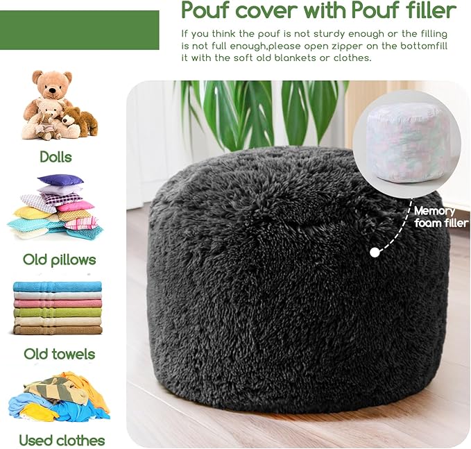 HIGOGOGO Round Stuffed Pouf Ottoman, Long Faux Fur Poufs - Image 5