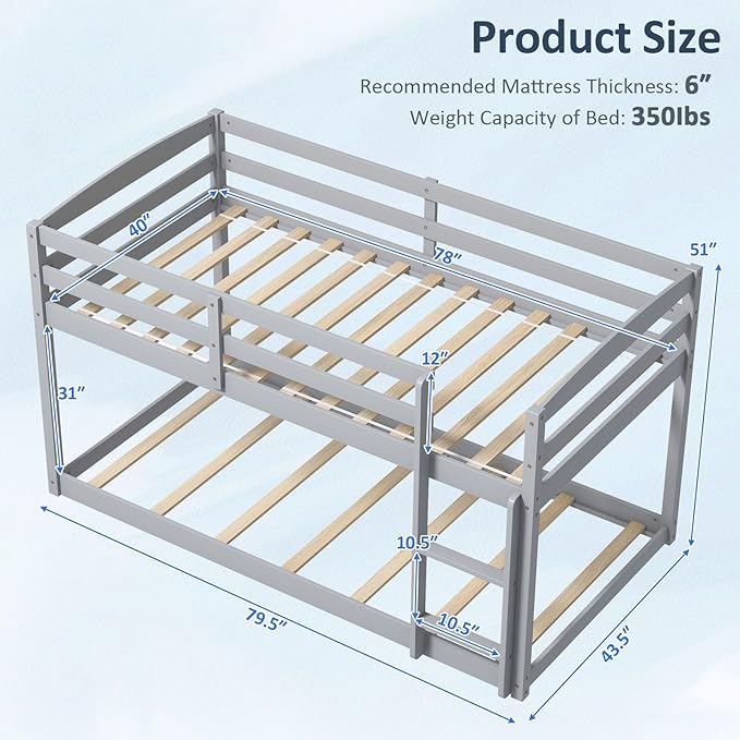 KOMFOTT Low Bunk Bed Twin Over Twin, Solid Wood Bunk Bed Frame - Image 2