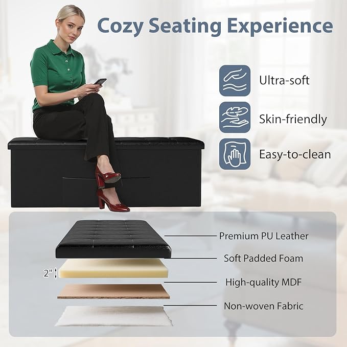 Giantex 43 Inches Folding Storage Ottoman Bench, Upholstered PU Leather Storage - Image 6