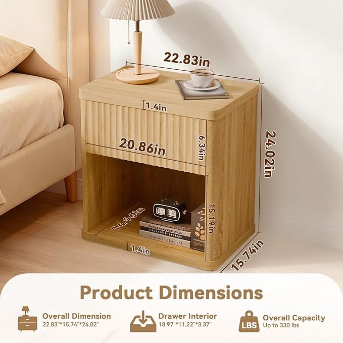 CMFYDAILY Fluted Night Stand Set 2, Large Wood Bedside Table Set of 2 - Image 3