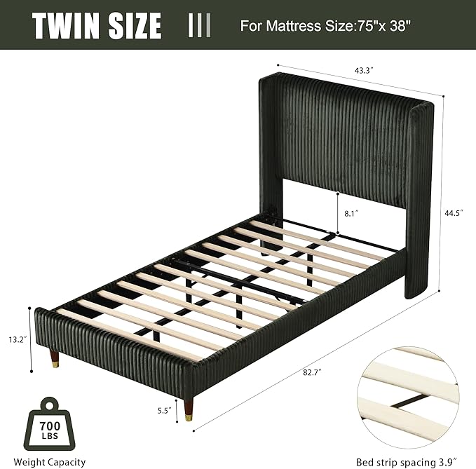 PINJU Twin Size Bed Frame, Upholstered Platform Bed - Image 2