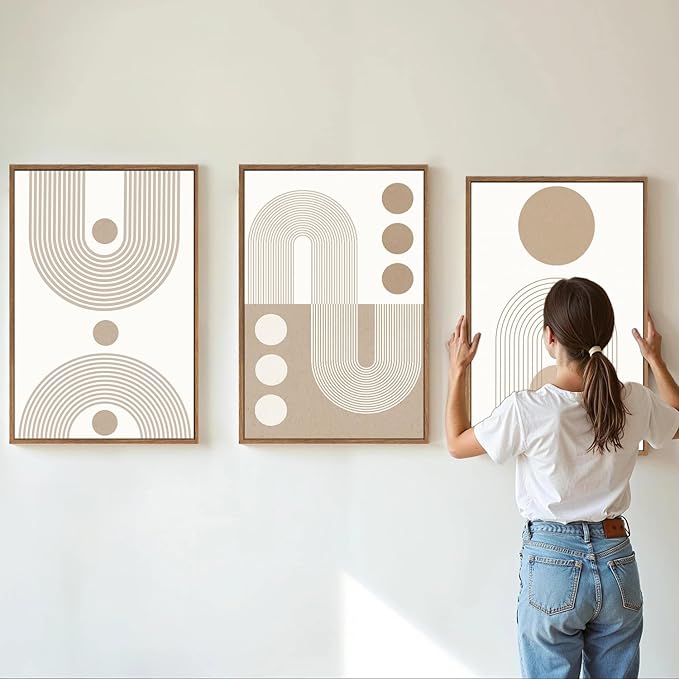 YeeHomedec Boho Beige Neutral Framed Canvas Wall Art, Mid Century Modern Wall - Image 2