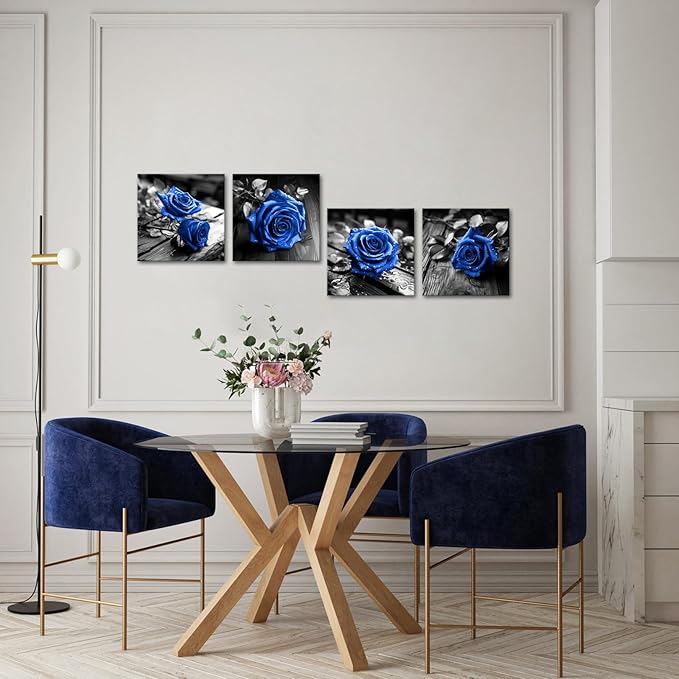 VANSEEING 4 Pieces Blue and Black Rose Flower Canvas Wall Art Floral Pictures - Image 3