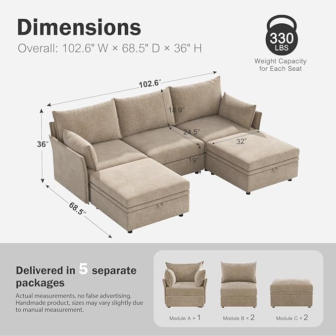 ABCASA 102.6" U Shaped Modular Sectional Sofa, 5 Seater Couch - Image 2