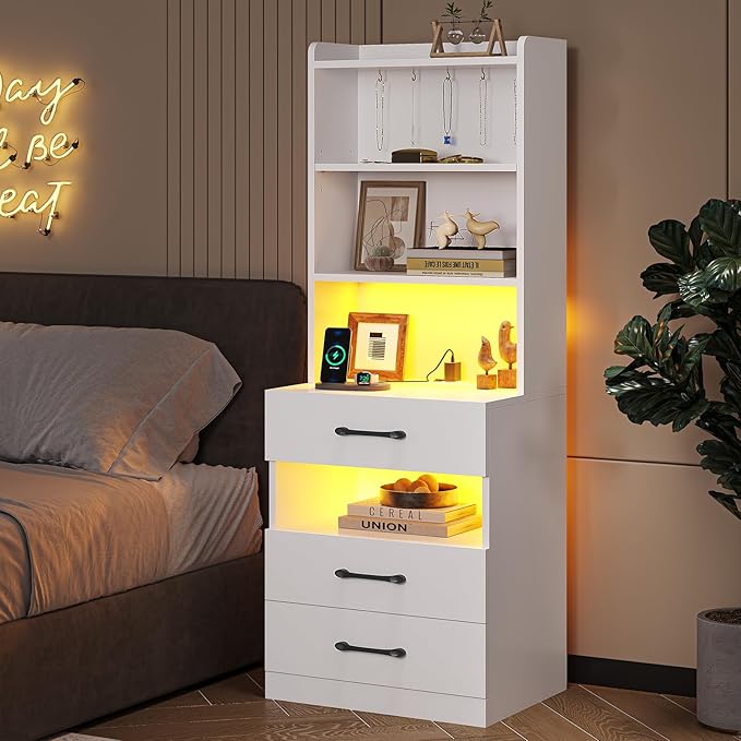 VIAGDO Tall Nightstand with Charging Station and LED Lights, Large White Night - Image 7