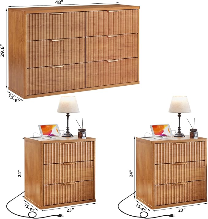 LEYAOYAO 48" Wide Fluted Dresser and 3 Drawers 23" Nightstand Set of 2 - Image 3