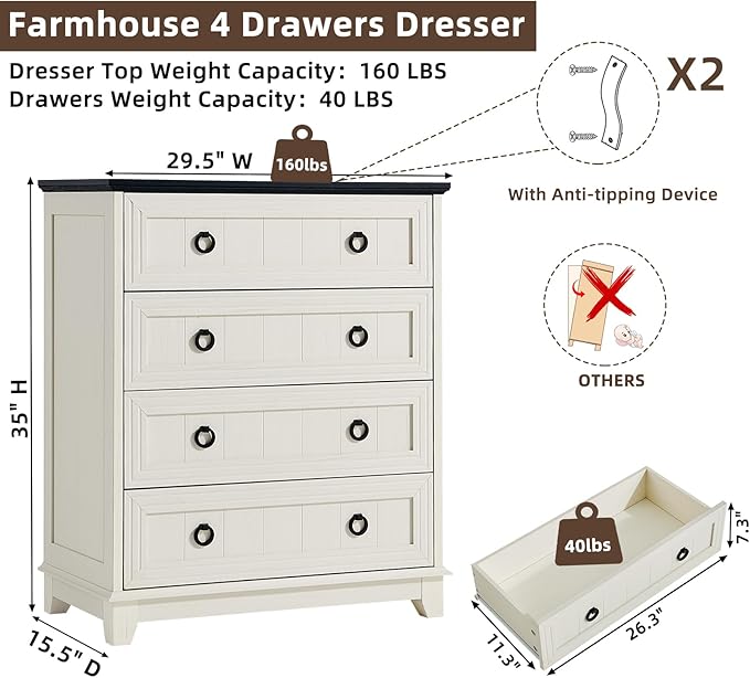 Farmhouse 4 Drawer Dresser for Bedroom, Rustic Wood Dresser - Image 2