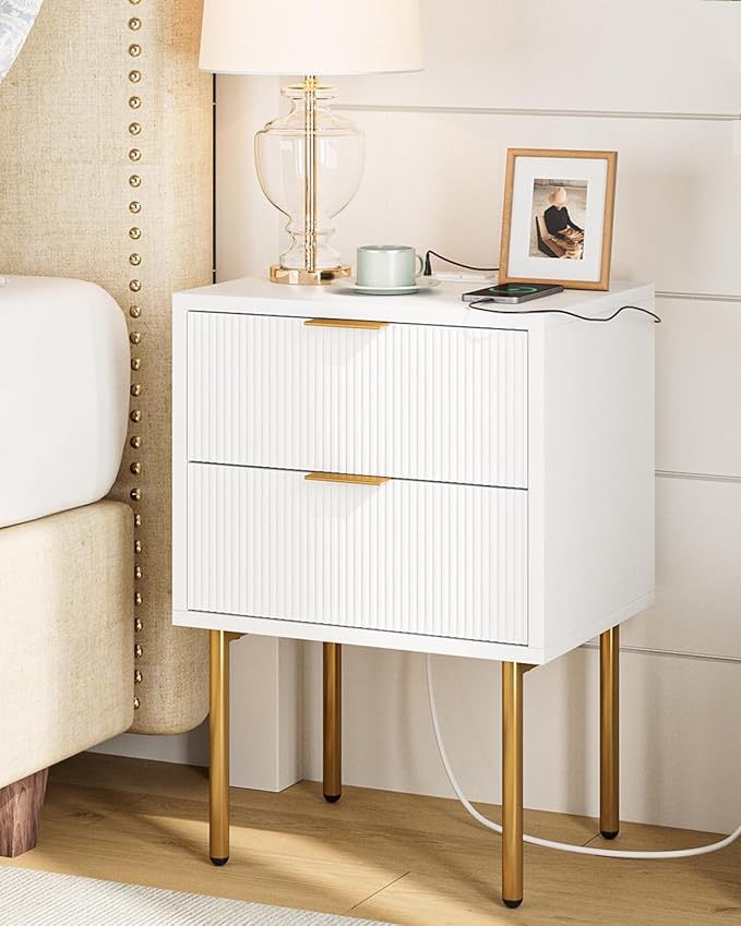 Masupu Nightstand with Charging Station, Mid-Century Modern Bedside Table with by Masupu