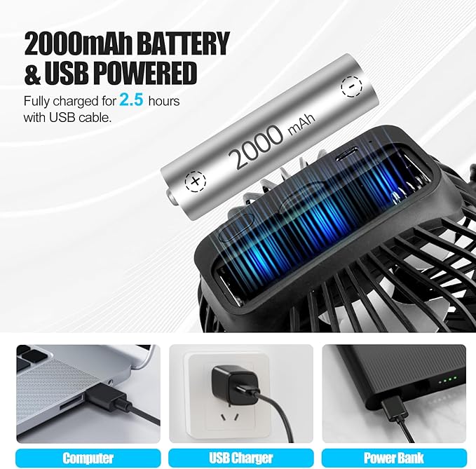 Portable Clip Fan Battery Operated, 3 Speeds USB Rechargeable Mini Table Fan - Image 3