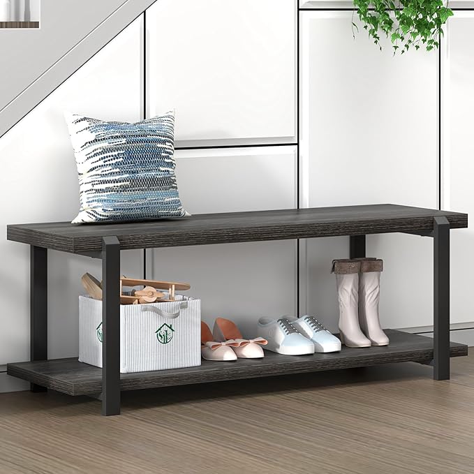 FOLUBAN 47 Inch Shoe Storage Bench, Rustic Wood and Metal Entryway Bench - Image 4