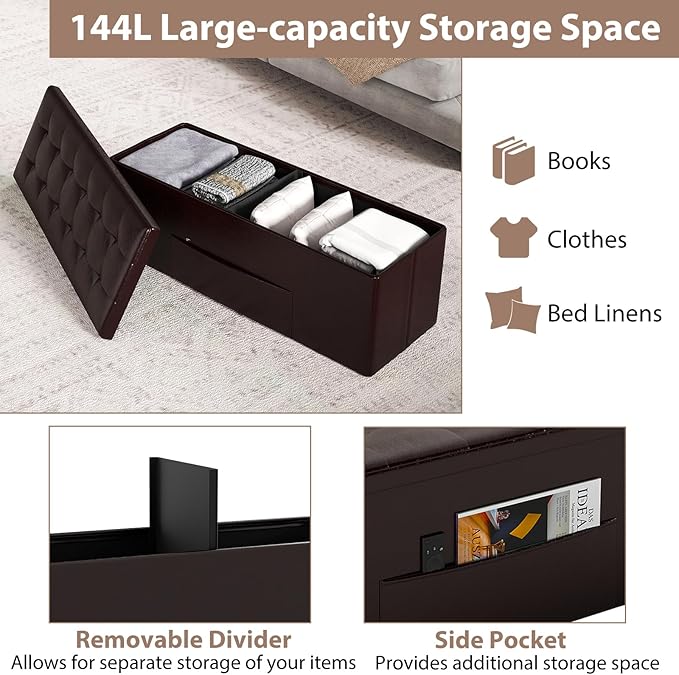 Giantex 43 Inches Folding Storage Ottoman Bench, Upholstered PU Leather Storage - Image 5
