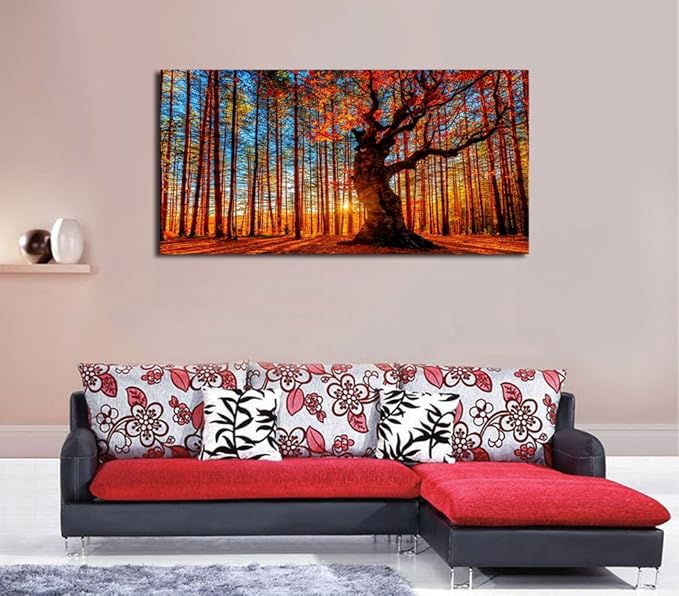 Large Forest Wall Art Forest Sunset Canvas Pictures Red Leaf Trees Landscape - Image 2