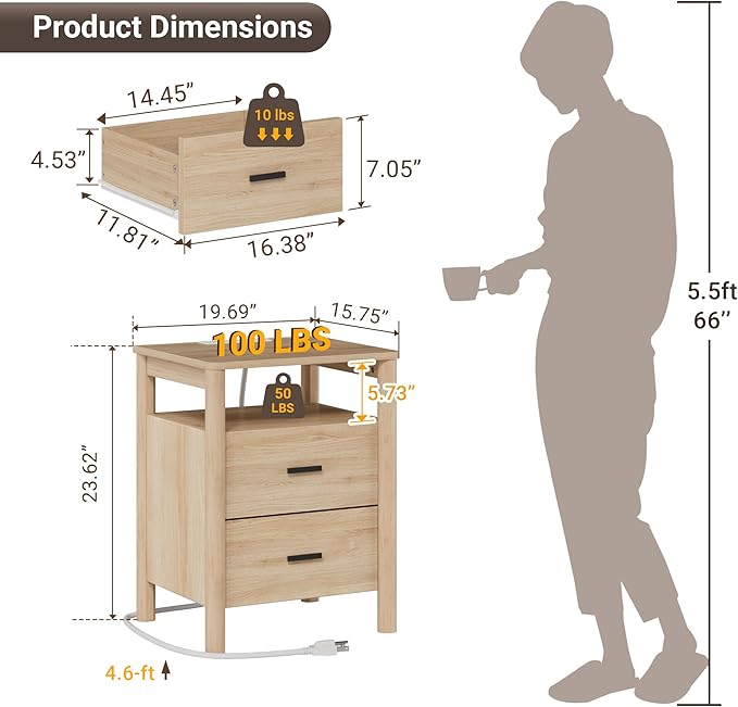 FavourLife Night Stand Set 2, Modern Nightstand - Image 2