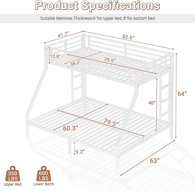 Twin XL Over Queen Bunk Bed Frame, Heavy Duty Metal Loft Bed - Image 2