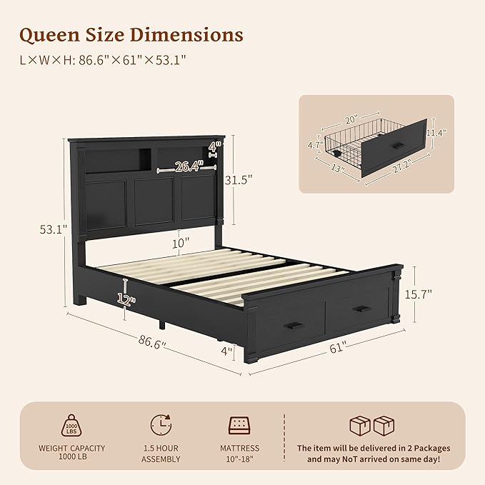 53" Tall Queen Bed Frame with Headboard and Storage, 2 Drawers and LED Built in - Image 2