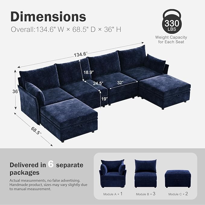 ABCASA 134.6" Oversized Modular Sectional Sofa, 6 Seater U Shaped Couch - Image 2