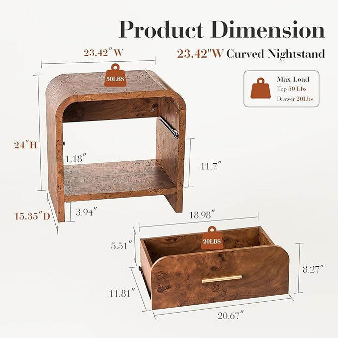 Night Stand Set of 2 1-Drawer and 1 Storage Shelf Nightstand 24" H Metal Handle - Image 2